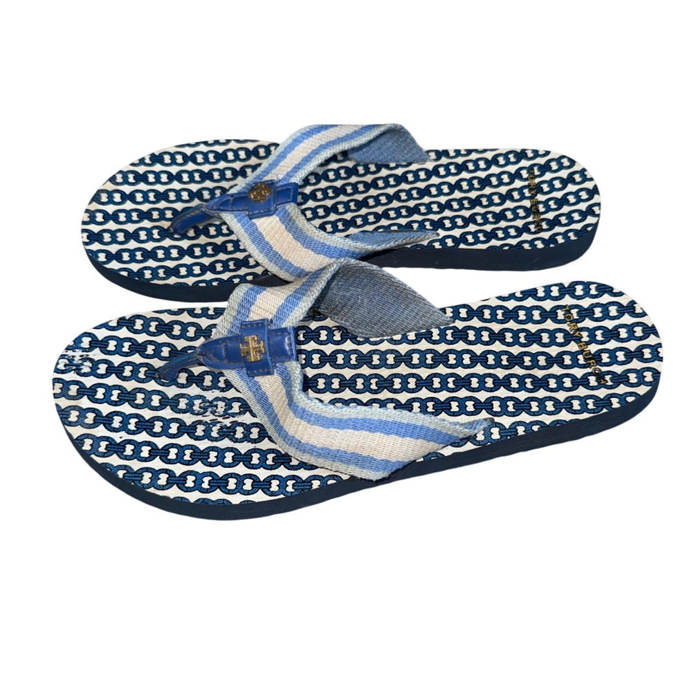Tory Burch Striped Logo Flip Flops Women 10 Blue White Good Nautical Beach Thong